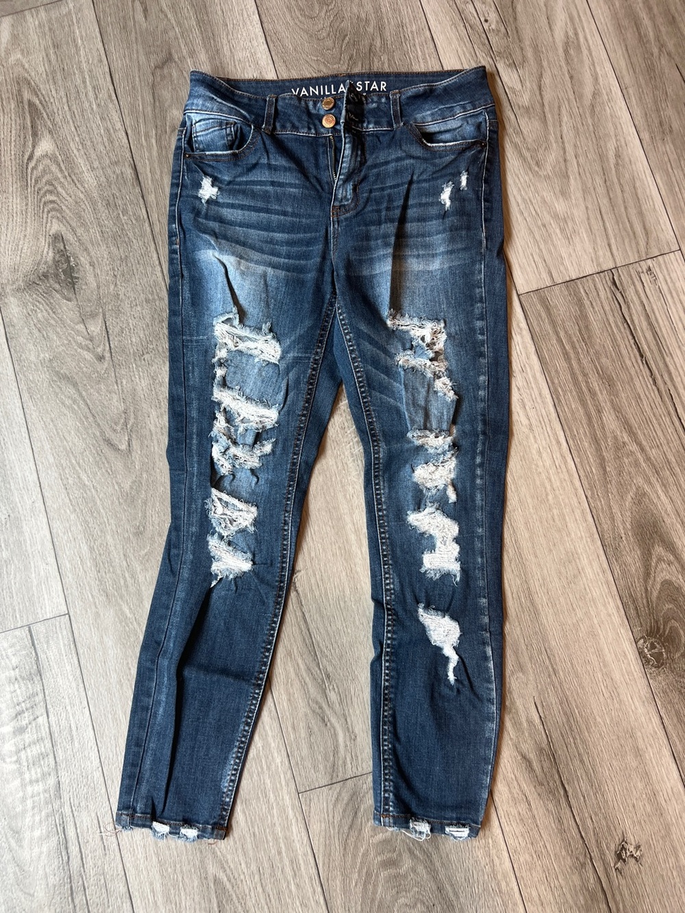 Vanilla Star Mid Rise Skinny Jeans Size 9 Distressed Ripped Dark Wash Denim
